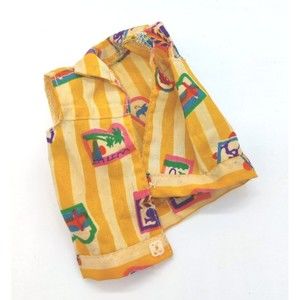 Vintage Barbie Doll Shirt Top Vacation Scenes Yellow Stripe Collar Mattel Doll